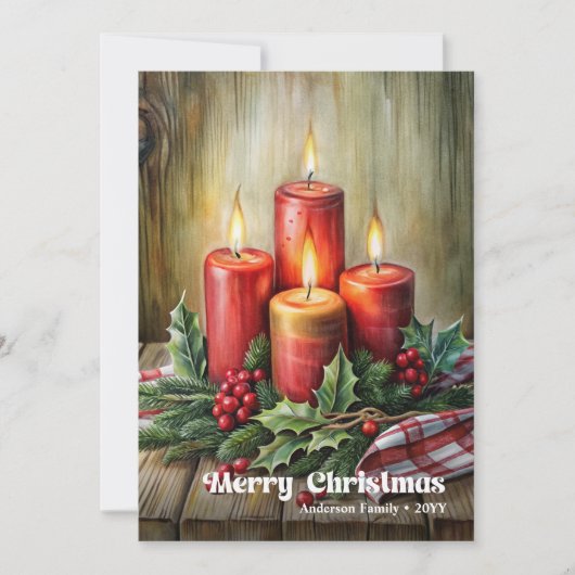 Whimsical Christmas candles rustic pine wreath シーズンカード (正面)