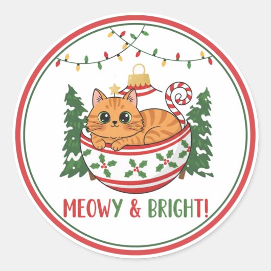Whimsical Christmas Cat Ornament Sticker ラウンドシール (正面)