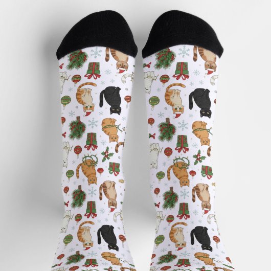 Whimsical Christmas Cat Pattern Socks ソックス (上部)