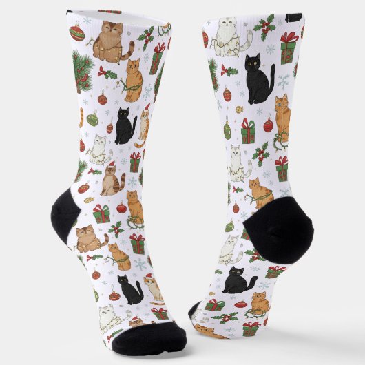 Whimsical Christmas Cat Pattern Socks ソックス (傾斜あり)