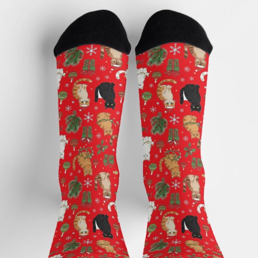 Whimsical Christmas Cat Pattern Socks  ソックス (上部)