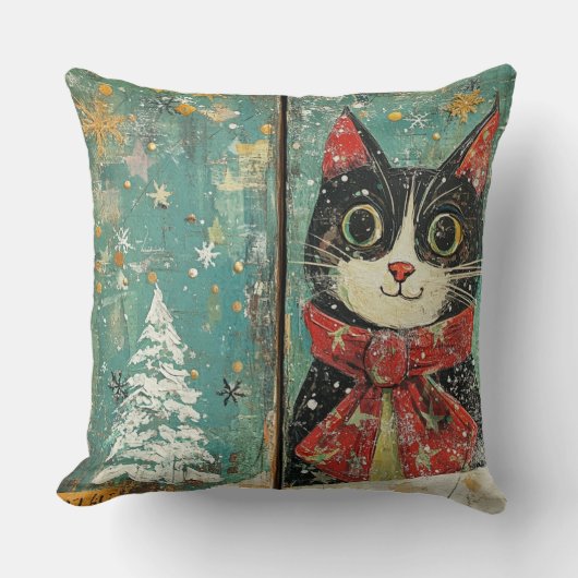 Whimsical Christmas Cat Pillow – Vintage Winter  クッション (正面)