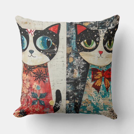Whimsical Christmas Cat Pillow – Vintage Winter  クッション (正面)
