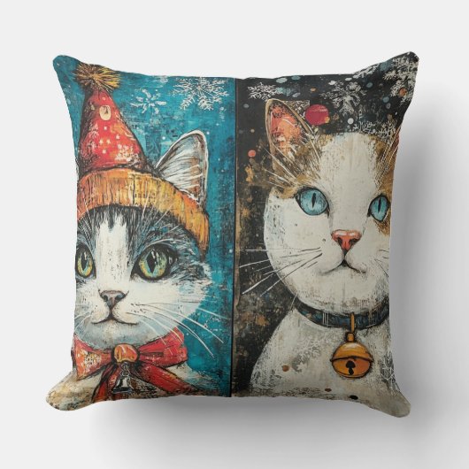 Whimsical Christmas Cat Pillow – Vintage Winter  クッション (正面)