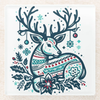 Whimsical Christmas Deer Vector Clipart - Festive ガラスコースター