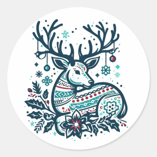Whimsical Christmas Deer Vector Clipart - Festive ラウンドシール (正面)
