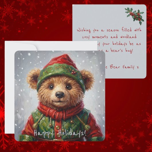 Whimsical Christmas Elf Teddy Bear Painterly Style シーズンカード