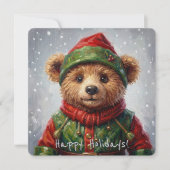 Whimsical Christmas Elf Teddy Bear Painterly Style シーズンカード (正面)