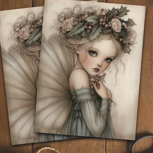 Whimsical Christmas Fairy Holly & Berry Decoupage  薄葉紙