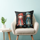 Whimsical Christmas Girls in the Snow Throw Pillow クッション (椅子)