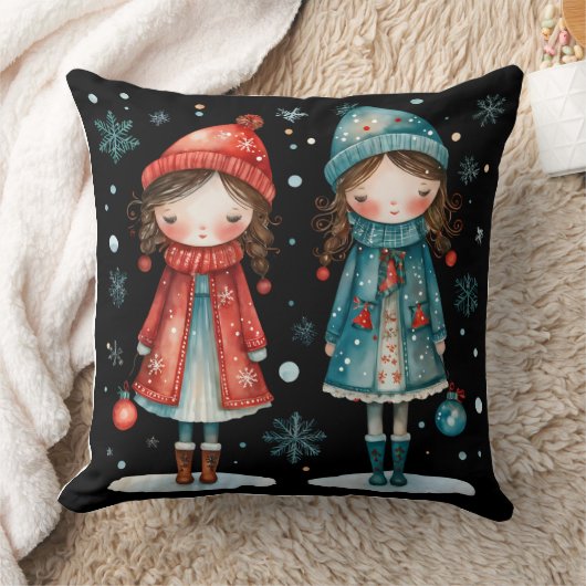 Whimsical Christmas Girls in the Snow Throw Pillow クッション (ブランケット)
