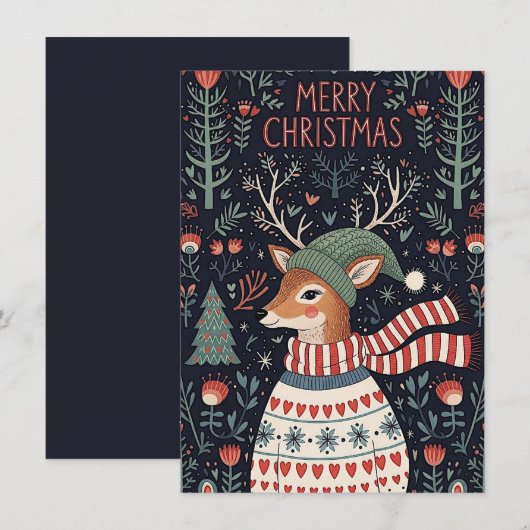 Whimsical Christmas greeting card with a deer シーズンカード (正面/裏面)