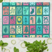 Whimsical Christmas Grid Cute Bright Holiday キッチンタオル (折り畳み)