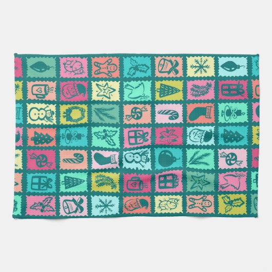 Whimsical Christmas Grid Cute Bright Holiday キッチンタオル (横)