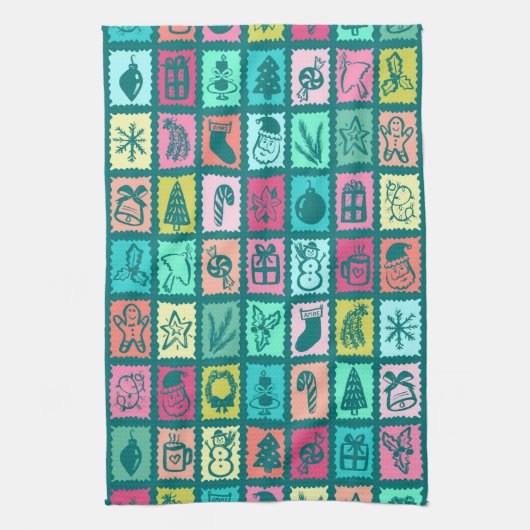 Whimsical Christmas Grid Cute Bright Holiday キッチンタオル (縦)