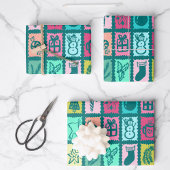 Whimsical Christmas Grid Cute Bright Holiday ラッピングペーパーシート