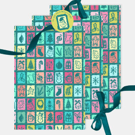Whimsical Christmas Grid Cute Bright Holiday ラッピングペーパーシート