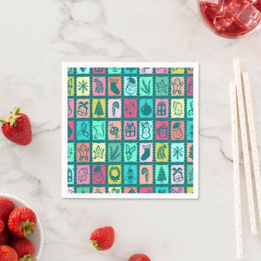 Whimsical Christmas Grid Cute Bright Holiday Paper スタンダードカクテルナプキン (インサイチュ)