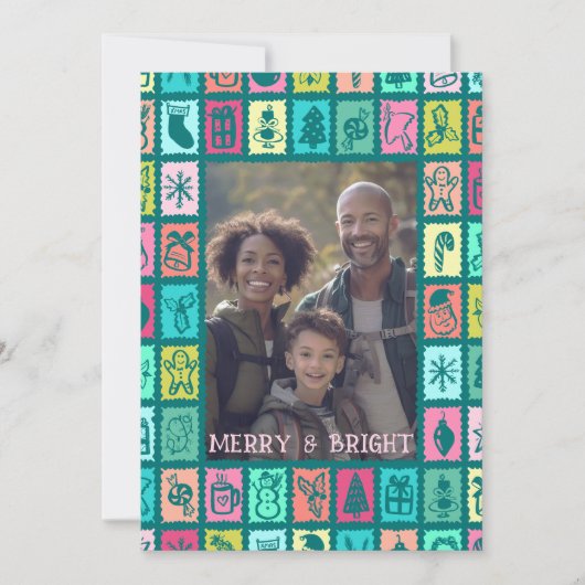 Whimsical Christmas Grid Cute Custom 3 PHOTO  シーズンカード (正面)