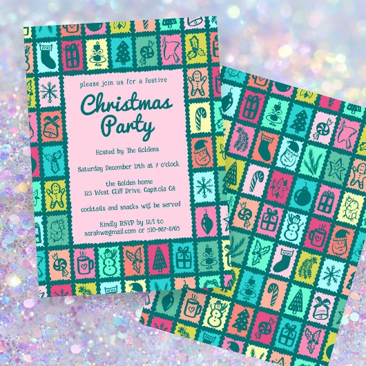 Whimsical Christmas Grid Cute Custom HOLIDAY PARTY 招待状