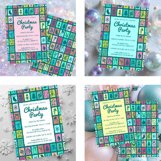 Whimsical Christmas Grid Cute Custom HOLIDAY PARTY 招待状