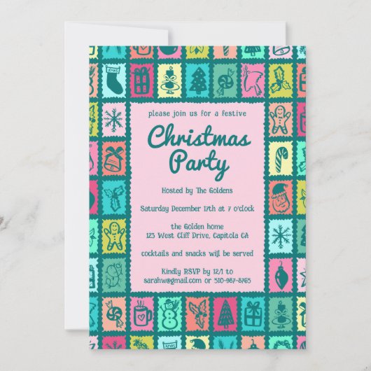 Whimsical Christmas Grid Cute Custom HOLIDAY PARTY 招待状 (正面)