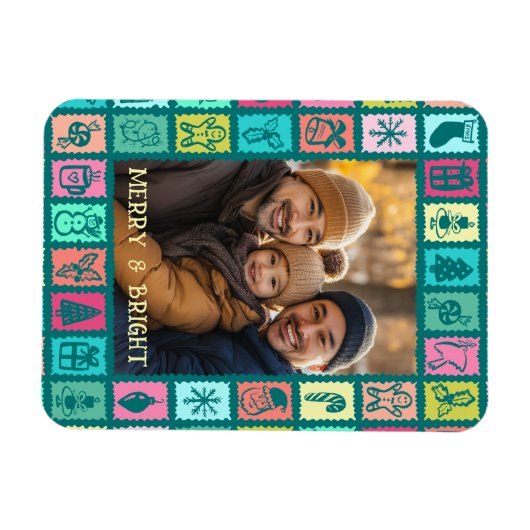 Whimsical Christmas Grid Cute Custom Photo  マグネット (横)