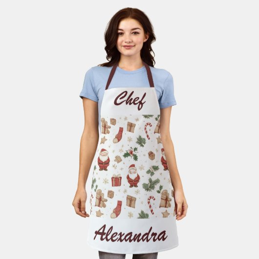 Whimsical Christmas Kitchen Apron – Personalized エプロン (着用した状態)