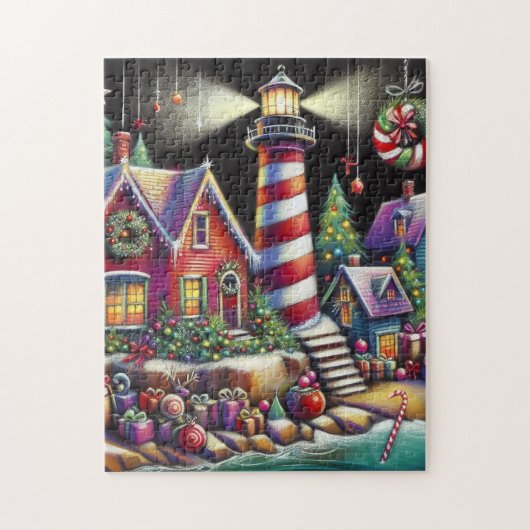 Whimsical Christmas Lighthouse Red Pink Purple  ジグソーパズル (縦)
