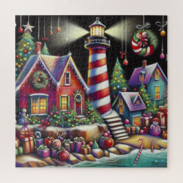 Whimsical Christmas Lighthouse Red Pink Purple  ジグソーパズル