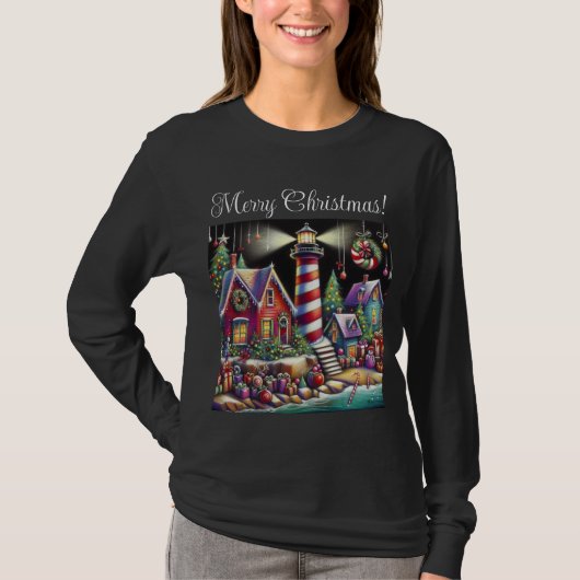 Whimsical Christmas Lighthouse Red Pink Purple  Tシャツ (正面)