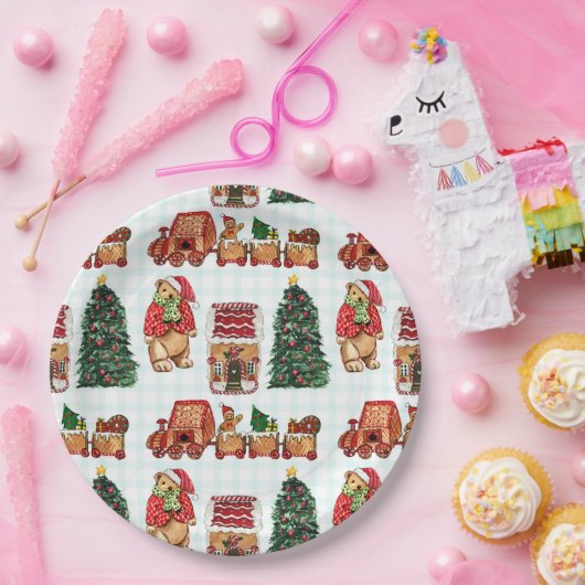 Whimsical christmas pattern with bears, trees, and ペーパープレート (パーティー)