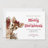 Whimsical Christmas peeking baby deer greeting  シーズンカード (正面)