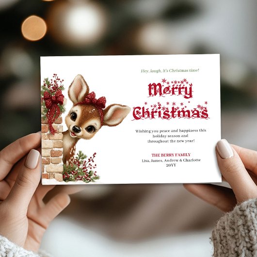 Whimsical Christmas peeking baby deer greeting  シーズンカード