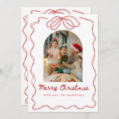 Whimsical Christmas Photo Hand-Drawn Bow Ribbon シーズンカード (正面/裏面)