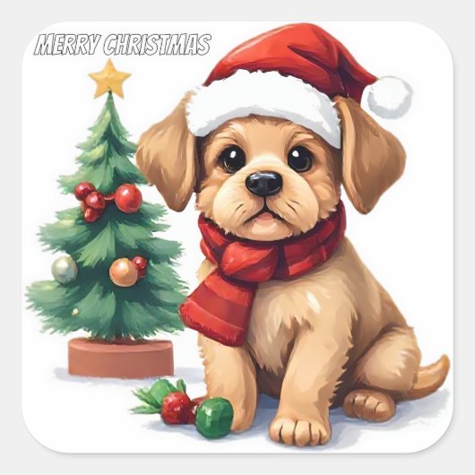 Whimsical Christmas Puppy Sticker | "Merry Christm スクエアシール (正面)