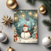 Whimsical Christmas Snowman in Winter Forest カード