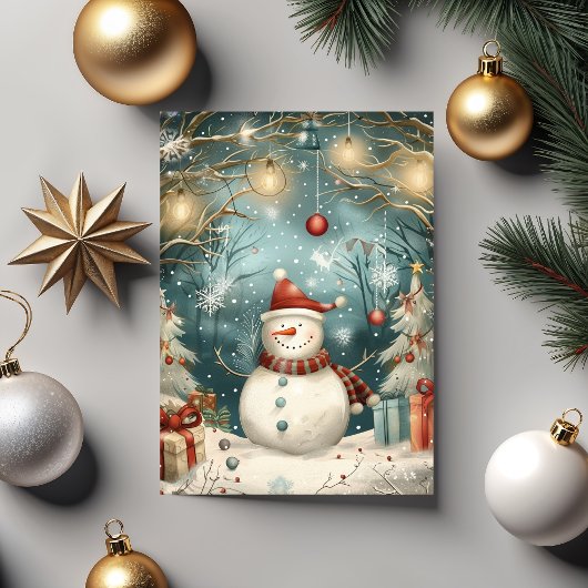 Whimsical Christmas Snowman in Winter Forest カード