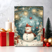 Whimsical Christmas Snowman in Winter Forest カード