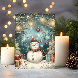 Whimsical Christmas Snowman in Winter Forest カード