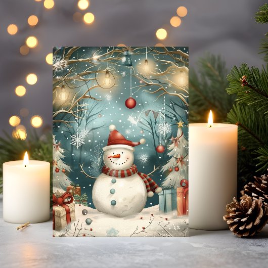 Whimsical Christmas Snowman in Winter Forest カード