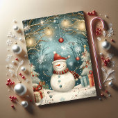 Whimsical Christmas Snowman in Winter Forest カード