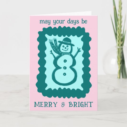 Whimsical Christmas Snowman Merry & Bright Holiday カード (正面)