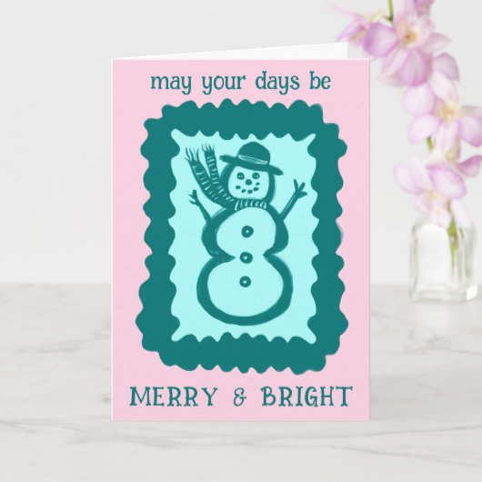 Whimsical Christmas Snowman Merry & Bright Holiday カード (蘭)