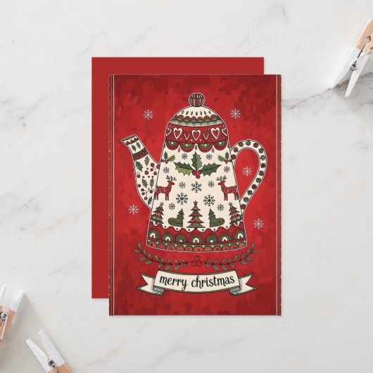 Whimsical Christmas Teapot  カード (正面/裏面インサイチュ)