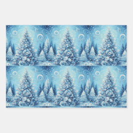 Whimsical Christmas Tree Blue Decoupage ラッピングペーパーシート