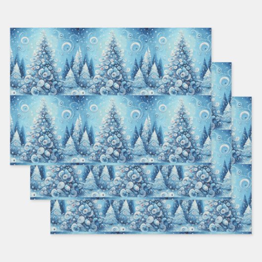 Whimsical Christmas Tree Blue Decoupage ラッピングペーパーシート (セット)