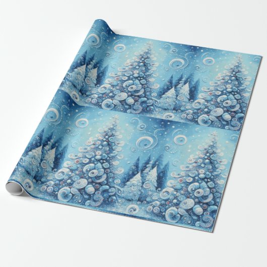 Whimsical Christmas Tree Blue Decoupage ラッピングペーパー (アンロールド)