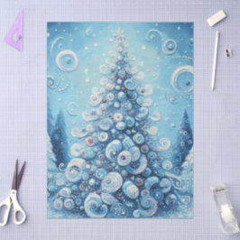 Whimsical Christmas Tree Blue Decoupage 薄葉紙