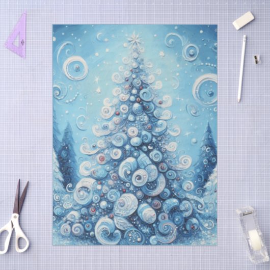 Whimsical Christmas Tree Blue Decoupage 薄葉紙 (クラフト)